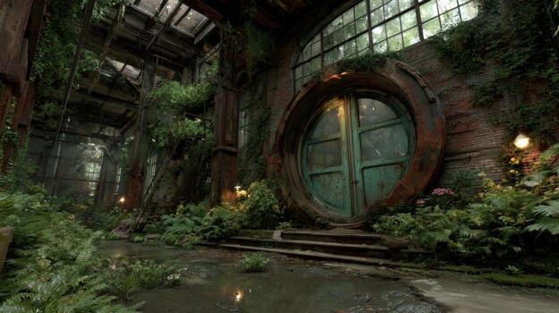 Lush green plants cover a large, rusty circular door in an old, abandoned structure. Sunlight filters through dusty windows, revealing an enchanting atmosphere of nature reclaiming space photo