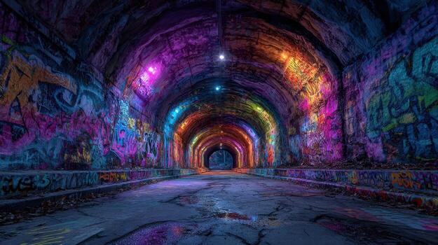 A tunnel with colorful graffiti on the walls and a neon light shining down photo