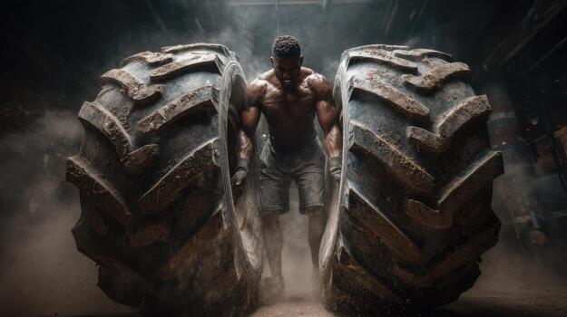 A man is lifting a tire with his bare hands photo