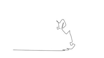 animerad själv teckning kontinuerlig linje dra dansare balansering på ett fot medan välvande deras kropp bakåt i utmanande frysa flytta. exceptionell balans, flexibilitet. full längd ett linje animering video