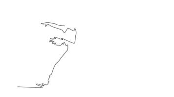 Animated self drawing of continuous line draw beauty ballerina in dynamic, forward-moving leap, with her arms and legs extended, fluidity, lightness of her movement. Full length single line animation video