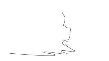 Animated self drawing of continuous line draw young snowboarder carving sharp turn or performing trick with arms extended for balance, dynamic flow of extreme sport. Full length single line animation video