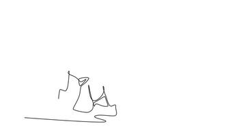 själv teckning animering av enda linje dra ung kvinna mitt i ett drag, balanserad på ett hand och ett fot i frysa eller kraft flytta, karakteristisk av breakdans. kontinuerlig linje dra. full längd animerad video