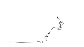 animerad själv teckning av kontinuerlig linje dra aktiva kvinna i bred, låg hållning, med ett ärm utökad hög och huvud lutande tillbaka, självsäker och uttrycksfull höft hopp utgör. full längd ett linje animering video