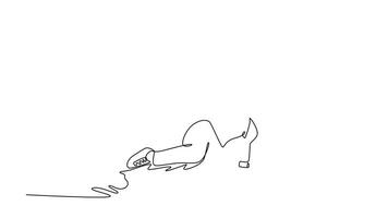 animerad själv teckning av kontinuerlig linje dra attraktiv flicka mittgolvsarbete, balansering på ett hand och sida deras ben, med Övrig ärm Uppfostrad, kraft flytta i breakdans. full längd ett linje animering video