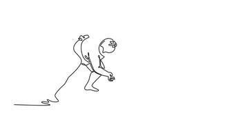 själv teckning animering av enda linje dra två stor sumo brottare låst i våldsam, lågt till marken brottas, de intensiv kamp för grepp och placera. kontinuerlig linje dra. full längd animerad video