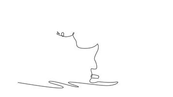Animated self drawing of continuous line draw active female wearing beanie and goggles is snowboarding down slope in stable, crouched stance with arms out for balance. Full length one line animation video