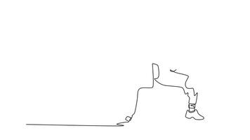 animerad själv teckning av kontinuerlig linje dra attraktiv ung flicka exekvera en krävande bro eller frysa flytta, balansering på ett ärm och ett fot med Övrig ärm Uppfostrad. full längd ett linje animering video