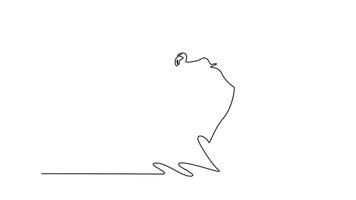 Animated self drawing of continuous line draw young snowboarder carving a sharp turn or executing a grab trick, dynamic balance and fluid motion of the winter sport. Full length single line animation video