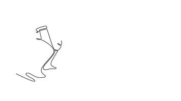 själv teckning animering av enda linje dra stor sumo brottare i en hopkrupen startande placera, hand nå mot de jord, intensiv fokus bara innan avgift. kontinuerlig linje. full längd animerad video