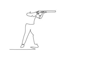 animato se stesso disegno di continuo linea disegnare lato Visualizza di giovane uomo tiro atleta è mirando un' fucile da caccia con intenso concentrazione nel stabile, rivolto in avanti posizione. pieno lunghezza singolo linea animazione video