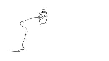animado yo dibujo de continuo línea dibujar grande sumo luchador en agachado posición, uno mano en suelo y otro extendido, intenso preparación de precarga postura. lleno longitud soltero línea animación video