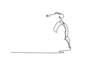 animerad själv teckning av kontinuerlig linje dra två stor sumo brottare låst i låg, framåtlutad brottas, våldsamt tryckande mot varje Övrig för kontrollera av de bälte. full längd ett linje animering video