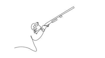 animerad själv teckning av kontinuerlig linje dra attraktiv ung manlig, en skytte idrottare, är siktar en hagelgevär uppåt till mål ett luftburet objekt med intensiv fokus. full längd enda linje animering video