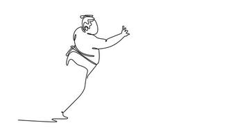Self drawing animation of single line draw two large Sumo wrestlers in close-quarters struggle, with one delivering open-handed strike to the other's face. Continuous line draw. Full length animated video