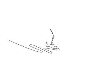 Self drawing animation of single line draw young girl wearing beanie and goggles is snowboarding down slope in stable, low stance with arms out for balance. Continuous line draw. Full length animated video