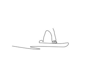 Self drawing animation of single line draw young girl wearing beanie and goggles is snowboarding in low, wide stance with arms spread for balance. Dynamic motion. Continuous line. Full length animated video