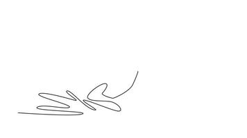 animerad själv teckning kontinuerlig linje dra attraktiv kvinna bär glasögon och hjälm är åka snowboard, lutande låg in i djup tåsidan sväng med ett hand rörande snö. full längd ett linje animering video