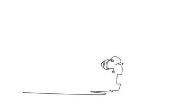 själv teckning animering enda linje dra flicka mitt i ett drag, balanserad på ett hand och deras huvud, med ben böjd, utmanande Huvudstående eller kraft flytta i breakdans. kontinuerlig linje. full längd animerad video