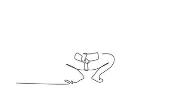 animerad själv teckning av kontinuerlig linje dra stor sumo brottare från bak- i låg, rituell shikiri knäböj, med vapen utökad bred, visa upp ren massa och hållning. full längd ett linje animering video