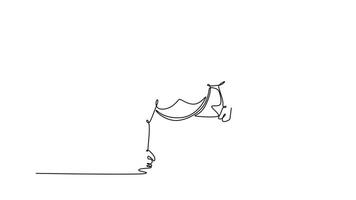 animato se stesso disegno di continuo linea disegnare massiccio sumo lottatore nel basso, accucciato di partenza posizione, mano toccante il terra, intenso messa a fuoco appena prima il carica. pieno lunghezza uno linea animazione video