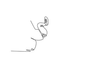 animerad själv teckning av kontinuerlig linje dra ung kille balanserad på ett hand i omvänd frysa med ben böjd och Uppfostrad hög, utmanande kraft flytta i breakdans. full längd enda linje animering video