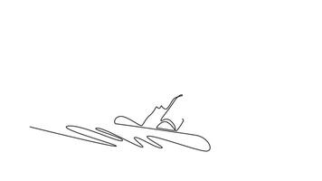 se stesso disegno animazione di singolo linea disegnare ragazza indossare Beanie e occhiali è snowboard Basso in intaglio giro, pendente inoltrare con braccia esteso per equilibrio. continuo linea. pieno lunghezza animato video