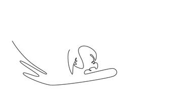 animerad själv teckning av kontinuerlig linje dra ung snowboardåkare träsnideri sväng med låg, hopkrupen hållning, förlängning ett hand ner till snö, rörelse av de vinter- sport. full längd enda linje animering video