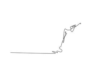 Self drawing animation of single line draw young male mid-step in a dynamic, sideways pose, pointing with both hands, moment of confident, energetic street dance. Continuous line. Full length animated video