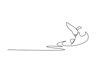 animerad själv teckning av kontinuerlig linje dra attraktiv manlig bär glasögon är åka snowboard, lutande låg in i djup tåsidan sväng, förlängning en hand till snö för balans. full längd ett linje animering video