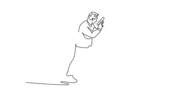 själv teckning animering av enda linje dra aktiva man skytte idrottare siktar pistol i dynamisk, framåtriktat hållning med tvåhänt grepp, fokus och beredskap. kontinuerlig linje. full längd animerad video