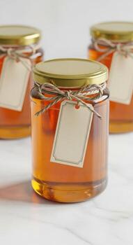 Golden honey jars with rustic twine and blank tags ready for customization and gifting photo