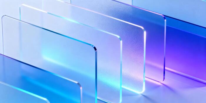Abstract gradient glass panels with neon blue and purple light, modern translucent shapes and minimal geometry for futuristic technology background in studio photo