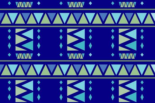 Fabric pattern. Abstract geometric pattern featuring blue and teal tones on a dark blue background. Repeating rows of triangles point upward and downward with alternating light and dark hues. vector