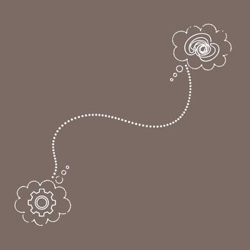 Abstract conceptual representation of interconnected ideas with gear and cloud symbols on a neutral vector