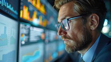 Man male analyst investor trader suit with eyeglasses and beard studying multiple glowing financial charts and monitors focused and thoughtful dim video