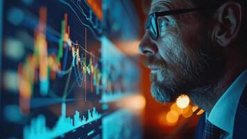 com experiência homem de negocios analisando estoque gráfico tela com finança dados e comerciante análise analista estudando mercado gráficos e investidor focado video