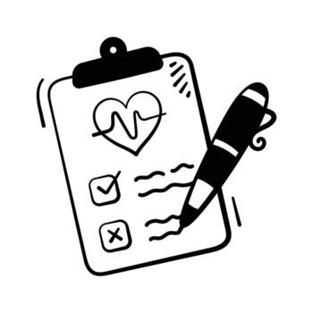 Clipboard with heart and checklist representing medical report hand drawn icon,. vector