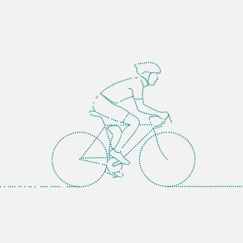 Minimalist dotted line drawing of a cyclist riding a bicycle in motion with a helmet on, emphasizing speed and outdoor activity vector