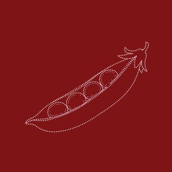 Stylized dotted outline of a pea pod with peas inside, set against a deep red , emphasizing minimalistic design and simplicity vector