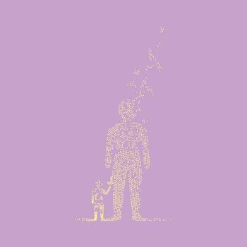 Abstract depiction of a large figure with a smaller figure beside it, composed of tiny dots on a soft purple vector
