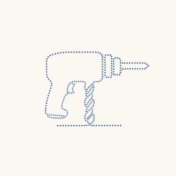 Minimalist dotted line drawing of a handheld power drill with a drill bit extending forward on a plain vector