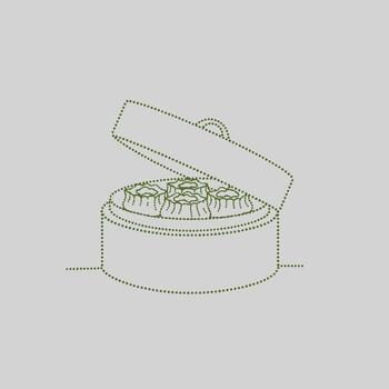 Round container with a hinged lid filled with assorted cookies or baked goods, displayed on a plain vector