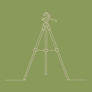 Dotted line drawing of a person standing on a tripod with arms extended, set against a solid green vector