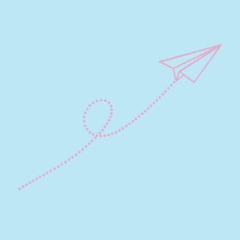 Pink paper airplane soaring through a light blue sky with a dotted trail, symbolizing creativity, imagination, and freedom in flight vector
