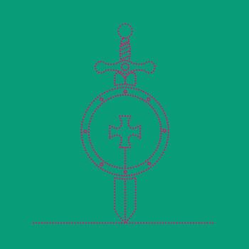 Intricate medieval-style pendant featuring a circular emblem with a cross and sword design, suspended from a decorative top vector