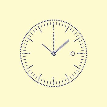 Minimalist round clock with dotted markings and simple hands showing the time at 3.00 on a light vector