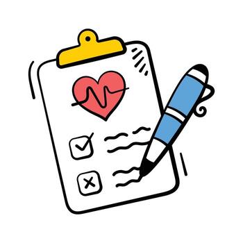 Clipboard with heart and checklist representing medical report hand drawn icon vector
