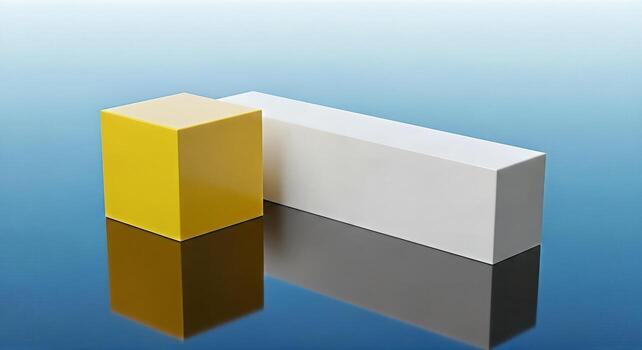minimalista geométrico formas amarillo cubo y blanco rectángulo con reflexiones en azul degradado antecedentes foto