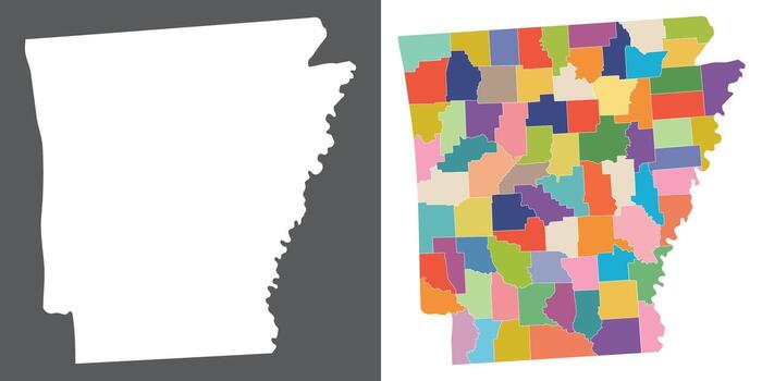 Arkansas state counties map set. Map of the US state of Arkansas with city in set multicolor. vector